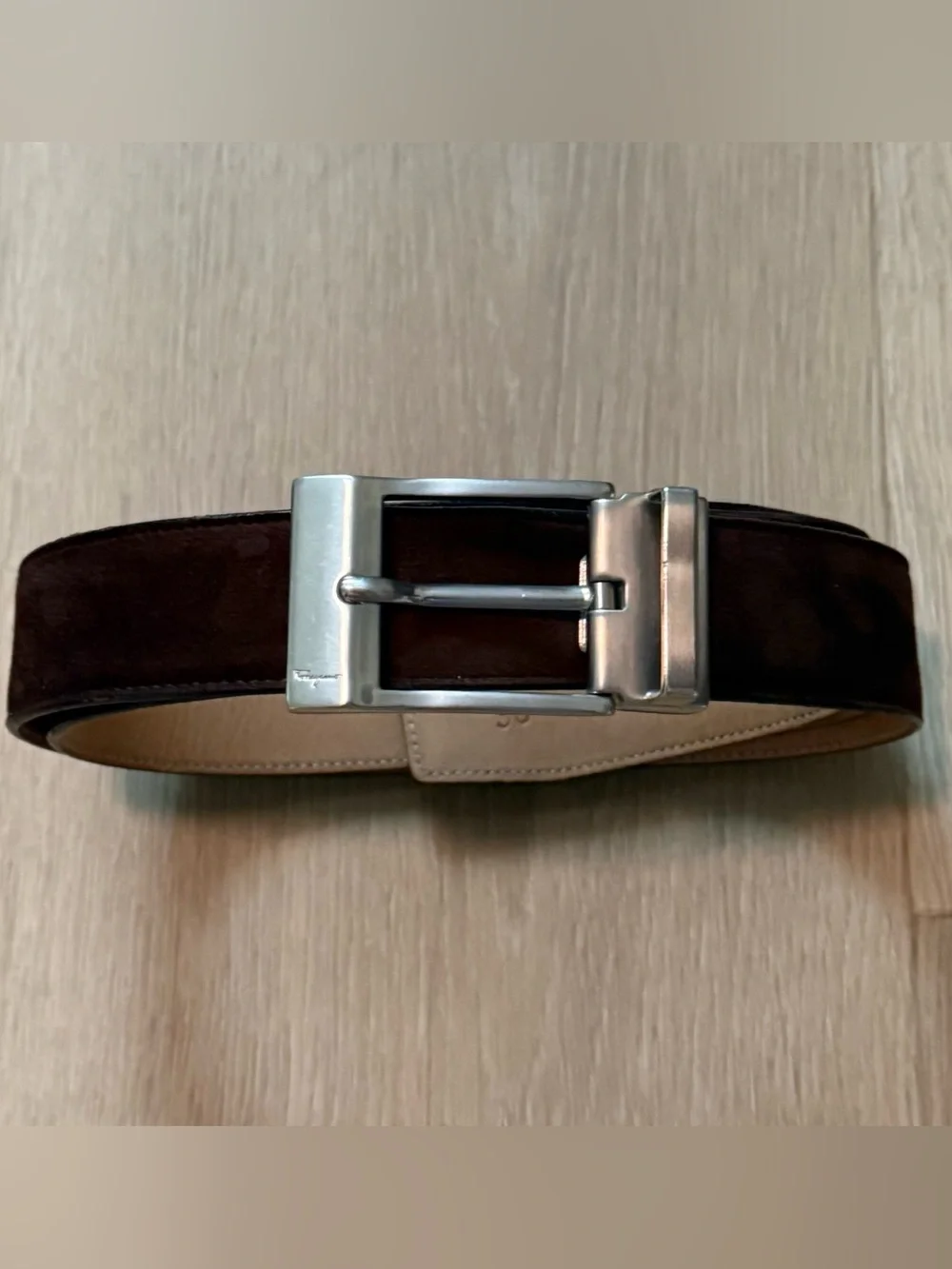 Salvatore Ferragamo Men's Dark Brown Suede Belt with Silver Buckle Size 36